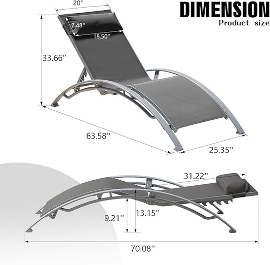 Domi Pool Lounge Chairs Set of 2, Adjustable Aluminum Outdoor Chaise Lounge Chairs, All Weather for Deck Lawn Poolside Backyard -Dark Grey Textilene