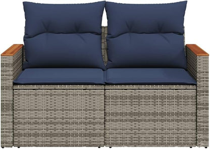 2-Seater Patio Sofa with Cushions, Gray Poly Rattan Outdoor Loveseat, Modern Modular Garden Bench with Acacia Wood Armrests and Weather-Resistant Steel Frame
