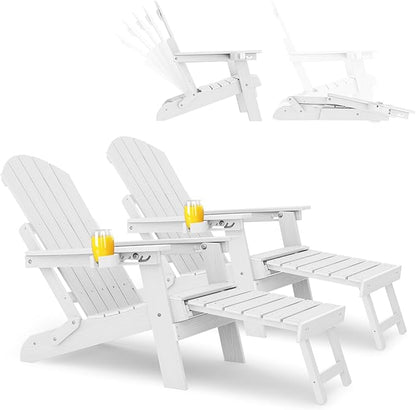 YEFU Adirondack Chair with Retractable Ottoman: Folding Adirondack Chairs Set of 2-5-Level Adjustable Backrest with Footrest - Fire Pit Chairs - Cup Holder - Outdoor Plastic Chair for Patio