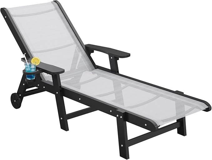 Outdoor Chaise Lounge Chair with Textilene Surface, 5-Position Adjustable Pool Lounge Chair with Wheels & Cup Holder - Photo 1