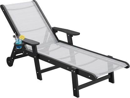 Outdoor Chaise Lounge Chair with Textilene Surface, 5-Position Adjustable Pool Lounge Chair with Wheels & Cup Holder, HDPE Patio Lounge Chair for Outside, Poolside & Beach (Black+White)