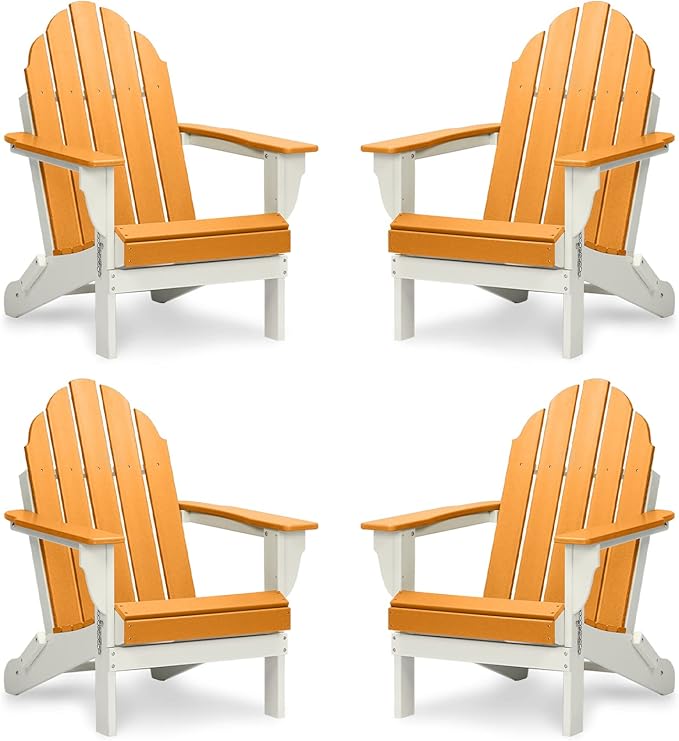 Aoodor HDPE Outdoor All-Weather Folding Adirondack Chair for Patio, Garden, Backyard, Lawn, Fire Pit, Set of 4, Orange