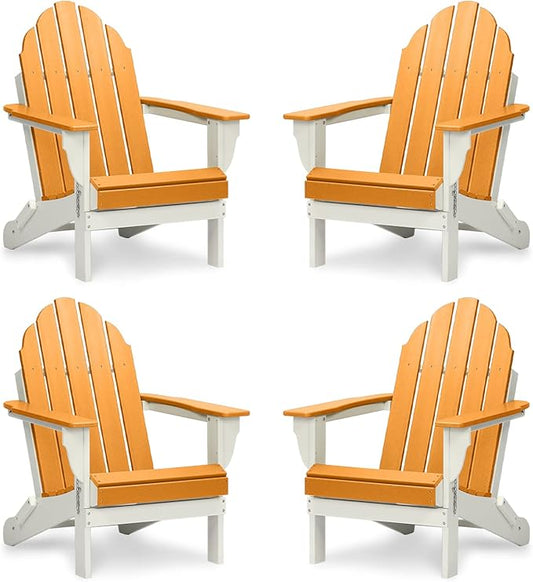 Aoodor HDPE Outdoor All-Weather Folding Adirondack Chair for Patio, Garden, Backyard, Lawn, Fire Pit, Set of 4, Orange