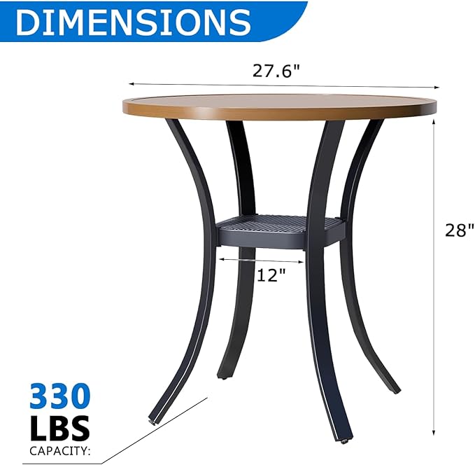 27.5'' Outdoor Patio Table with Storage Shelf, Heavy Duty 400lbs Capacity Round Metal Garden Table, All-Weather Walnut Tabletop for Deck, Balcony, Bistro, 2-4 Person