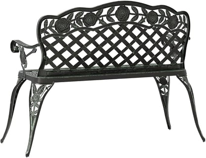 Green Cast Aluminum Garden Bench with Floral Patterns, Durable Outdoor Seating for Patio and Balcony, 2-Person Comfortable Bench with Sturdy Iron Legs, Weather-Resistant