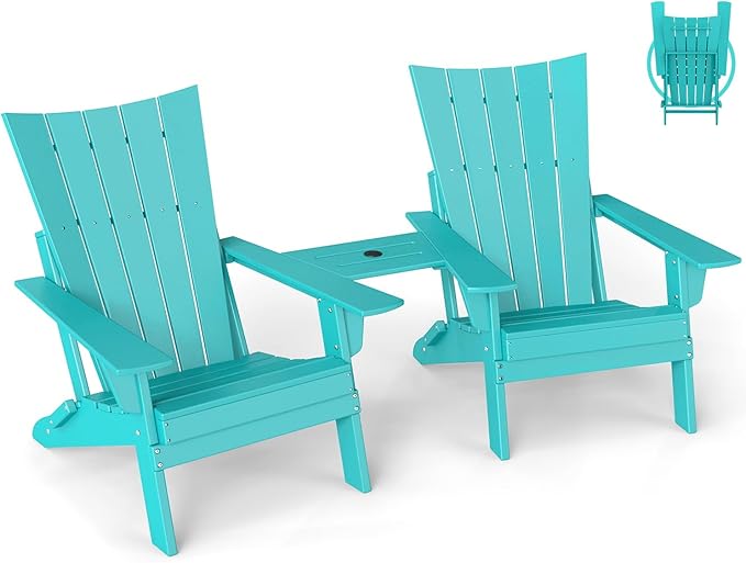 GREENVINES Folding-Adirondack-Chairs-Set-of-2 | HDPE Plastic | Arch Series | Fire Pit Chair | with Connecting Tray | Removable Table | All Weather | for Outdoor Patio Deck Poolside | Aqua