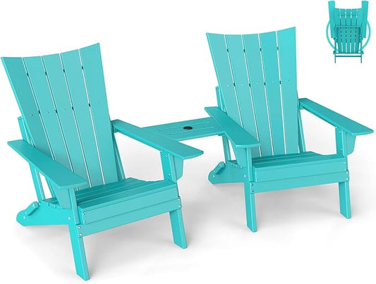 GREENVINES Folding-Adirondack-Chairs-Set-of-2 | HDPE Plastic | Arch Series | Fire Pit Chair | with Connecting Tray | Removable Table | All Weather | for Outdoor Patio Deck Poolside | Aqua