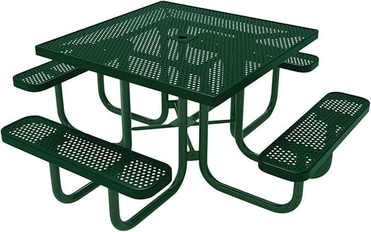 COATEDOUTDOORFURNITURE Heavy-Duty Portable Outdoor Picnic Table with Umbrella Hole, Punched Steel Commercial-Grade Patio Furniture Made in America (46" Square Top, Green with Green Frames)