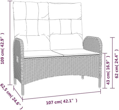 Reclining Patio Bench with Cushions 42.1" Poly Rattan Black Garden Bench Porch Bench Deck Bench Outdoor Bench for patios, Gardens, Decks