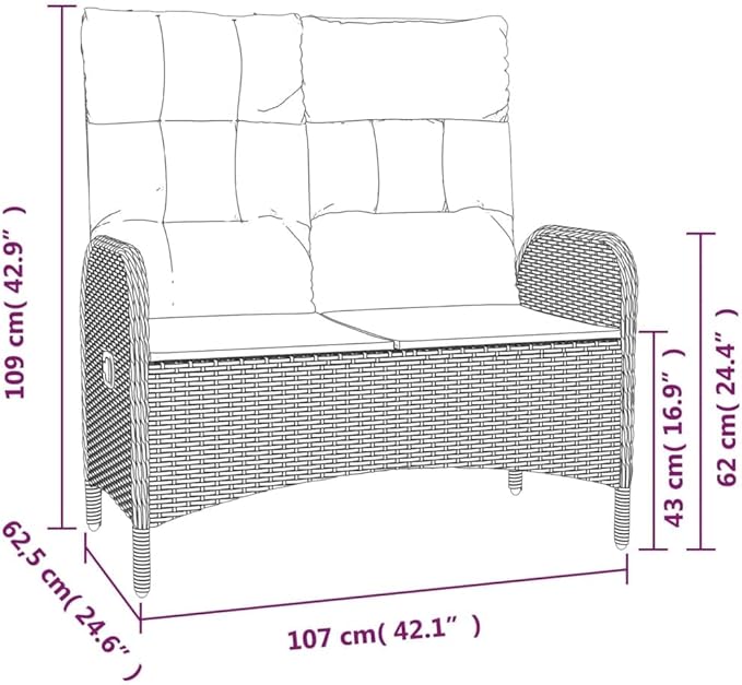 Garden Bench Deck Bench Reclining Patio Bench with Cushions 42.1" Poly Rattan Black - Photo 2