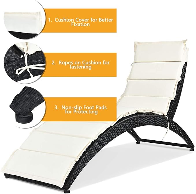 Tangkula Foldable Patio Lounge Chair, Outdoor Rattan Lounger Chaise, Portable Patio Chaise with Cushion, All-Weather Wicker Furniture for Garden Lawn Balcony Backyard Poolside (1, Beige)