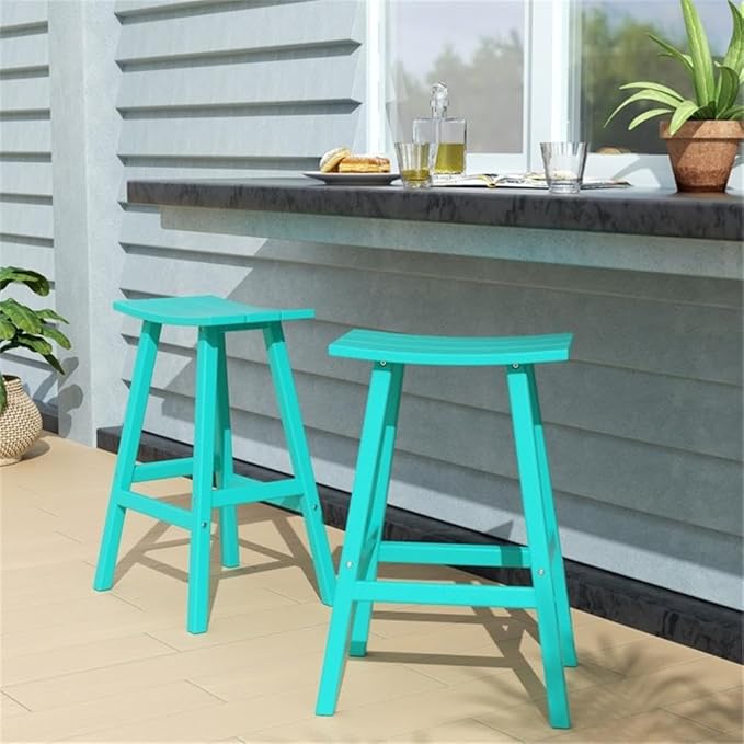Costaelm All-Weather Bar Stools Set of 2, 29" Height Outdoor Bar Stools, Adirondack Poly Patio Bar Stool for Patio, Deck, Kitchen Counter and Garden, Turquoise