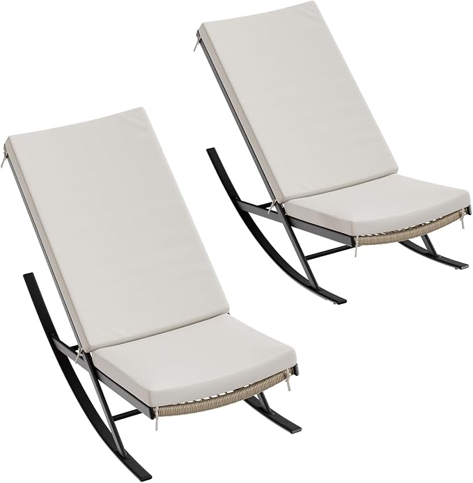 GarveeLife Outdoor Rocking Lounge Chair Set of 2, Patio Chaise Lounge with Removable Cushion for Napping Relaxing, Indoor Reclining Papasan Rocker Chair, Beige