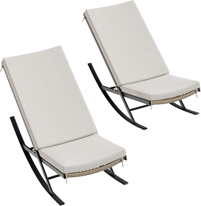 GarveeLife Outdoor Rocking Lounge Chair Set of 2, Patio Chaise Lounge with Removable Cushion for Napping Relaxing, Indoor Reclining Papasan Rocker Chair, Beige