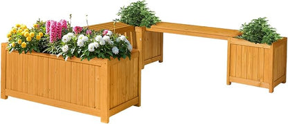 VINGLI Outdoor Wood Bench with Planter Boxes, 2-in-1 All-Weather Porch Bench Seat ＆ Open-Ended Wooden Raised Garden Bed, for Balcony Yard Patio (2 Boxes + Rectangle)