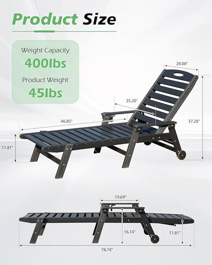 Domi Outdoor Lounge Chairs Set of 2, HDPE Pool Chaise Lounge Chairs for Poolside, Pool Loungers for Outside, Patio, Sunbathing Tanning, Black