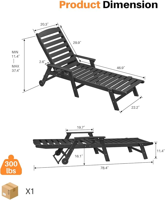 HDPE Patio Lounge Chair Set of 2, 78.4'' Outdoor Poly Lounge Chairs, 5-Position Adjustable Outdoor Lounger with Wheels & Cup Holder, HDPE Patio Chaise Lounges for Deck, Beach, Obsidian