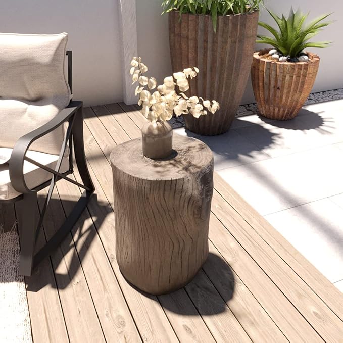 HOMPUS Concrete Outdoor Side TableSet of 2, 2 Piece Tree Stump Modern Round Coffee Table Accent Table Set Plant Stand Faux Wood End Table Garden Stool for Patio,Home Decor, Living Room, Silver Maple