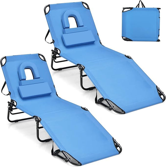 GYMAX Tanning Chair, 330lbs Beach Lounge Chair with Face Hole, Washable Pillow & Carry Strap, Adjustable Folding Chaise Lounge, Layout Lounger for Outside, Patio, Poolside, Lawn (2, Blue)