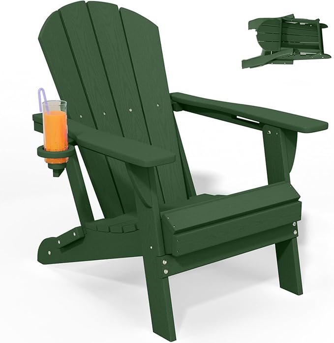 Foldable Adirondack Chair with Cup Holder-Heavy Duty Recycled HDPE Outdoor Patio Furniture, Weather Resistant Deck Lawn Fire Pit Chair (Dark Green, 1 Chair)