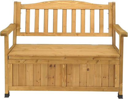 44" Large Wood Deck Box,Outdoor Garden Storage Container,Wooden Outdoor Patio Storage Bench,Patio Furniture Storage Bench,with Backrest & Armrest,for Porch Yard Lawn Poolside Backyard (Yellow)