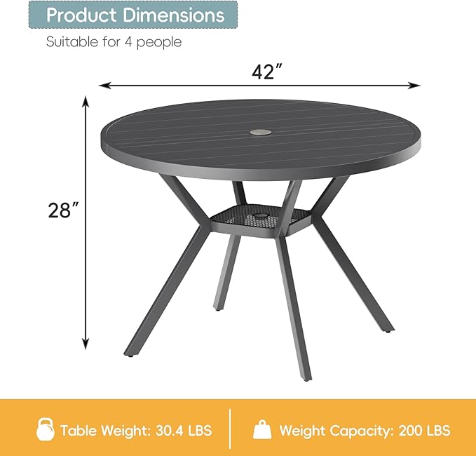 42" Outdoor Patio Table Dining Table, All Weather Metal Round Patio Table with Adjustable Umbrella Hole - Photo 3