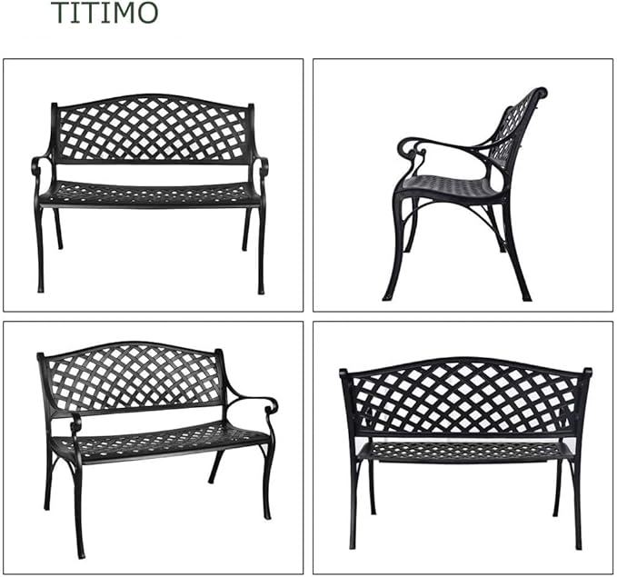 TITIMO 41” Outdoor Garden Bench with Armrests Sturdy Cast Aluminum Porch Loveseat Chair for All-Weather Patio Park Path Yard Lawn Work Entryway Decor Deck (Black)