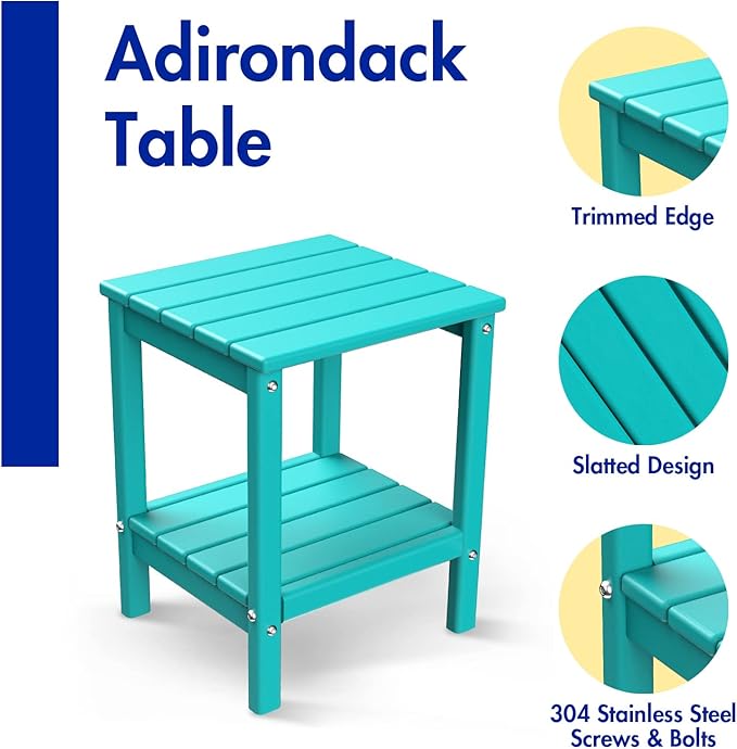 BRIOPAWS Outdoor-Side-Table | Small | HDPE Plastic | Patio End-Table | 2-Shelf Adirondack Outside Tables | All Weather | for Poolside Front Porch Indoor Living Room | 14" x 13" | Aqua