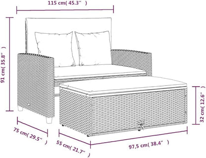 vidaXL 2 Seater Patio Sofa with Cushions Black Poly Rattan and Acacia Wood Removable Covers Adjustable Multifunctional Garden Furniture Outdoor Seating Couch Weather Loveseat for Balcony