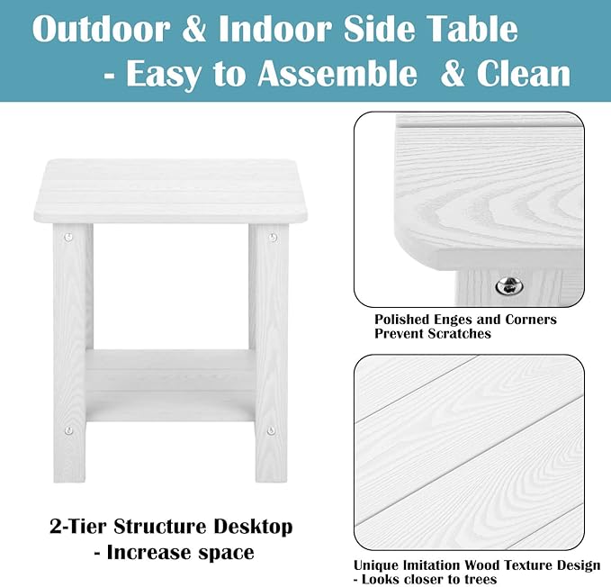 hOmeHua Weather Resistant Side Table, 17 inch Square 2-Layer Structure Wide Desktop, Imitation Wood Stripes - Photo 5