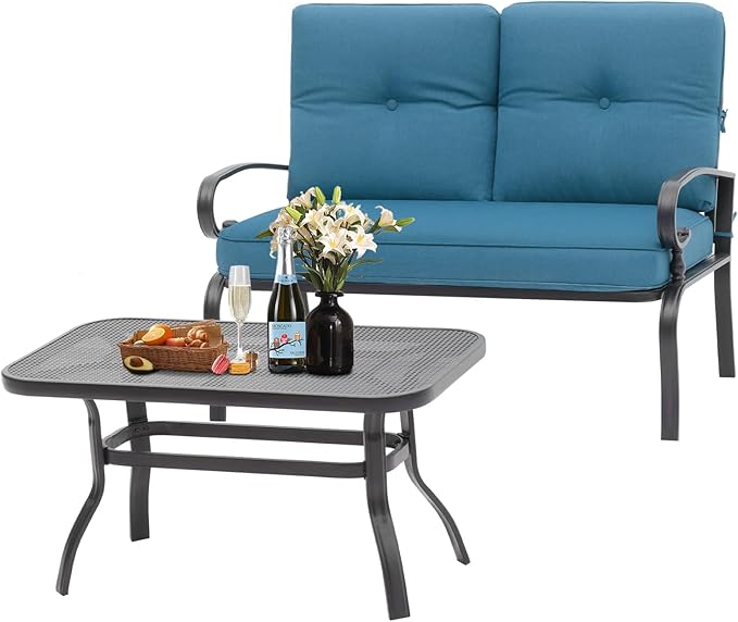 Oakcloud Outdoor 2 Pcs Patio Loveseat Bench Metal Frame Furniture Set with Thick Cushions and Coffee Table, Wrought Iron Look (Peacock Blue)