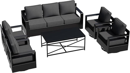 Outdoor Aluminum Furniture Set, 5-Piece Patio Conversation Set, 4 Swivel Chairs, 1 Sofa and 1 Table, All-Weather Metal Frame, 6" Thick Removable Cushions, Deep Setting for Garden, Porch