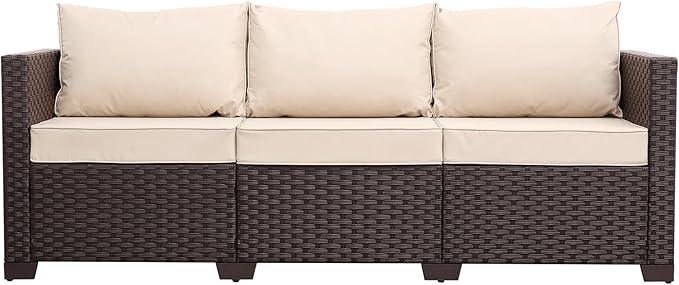 Patio Furniture 3-seat Sofa Wicker Outdoor Furniture Outdoor Couch Deep Seat Hight Backrest Non-Slip Cushions, Khaki - Photo 7