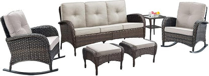 Belord Patio Rocking Chairs Furniture Set of 6, Outdoor Wicker Furniture Sets with Wicker Rocker, Small Patio Conversation Sets with Outdoor Couch Ottomans Brown/Beige
