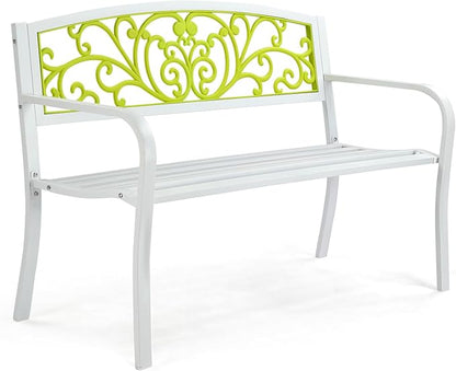 VINGLI Outdoor Bench for Patio Metal Garden Bench w/PVC Back Pattern, Black Park Benches Front Porch Benches for Yard Lawn Decor Deck Entryway (White&Green)