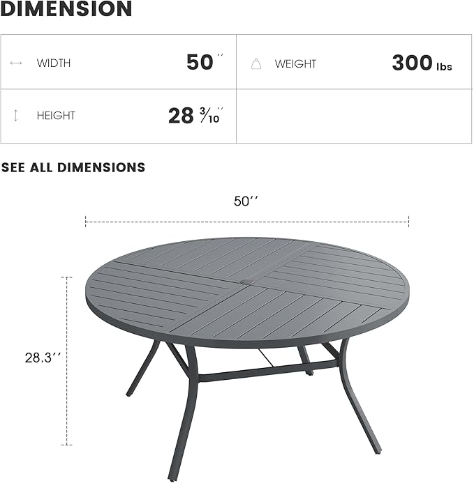 Patio Dining Table for 6, Round Metal Outdoor Table with Storage Shelf, 1.57" Umbrella Hole, 50" Outdoor Quartered Tabletop Dining Table for Backyard, Porch, Lawn, Dark Grey