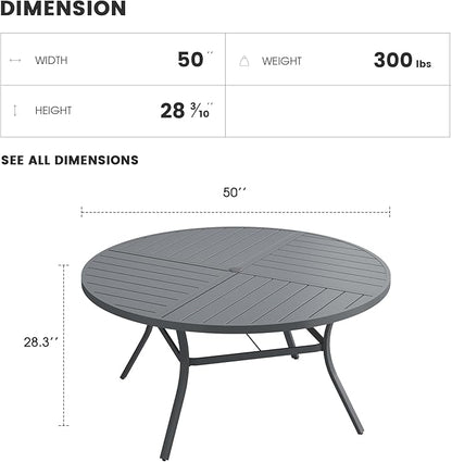 Patio Dining Table for 6, Round Metal Outdoor Table with Storage Shelf, 1.57" Umbrella Hole, 50" Outdoor Quartered Tabletop Dining Table for Backyard, Porch, Lawn, Dark Grey