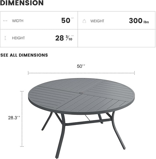 Patio Dining Table for 6, Round Metal Outdoor Table with Storage Shelf, 1.57" Umbrella Hole, 50" Outdoor Quartered Tabletop Dining Table for Backyard, Porch, Lawn, Dark Grey