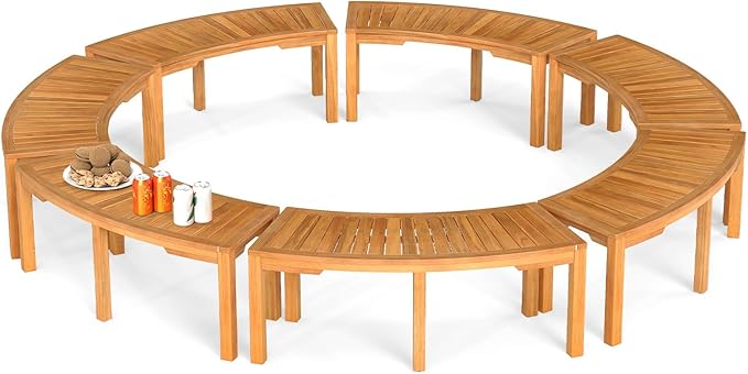 RELAX4LIFE Wooden Outdoor Curved Bench - Acacia Wood Garden Bench w/Slatted Seat, 2-Person Outside Backless Seating for Porch Backyard Deck Park, 800 LBS Load Capacity, Patio Fire Pit Bench (7, 45'')