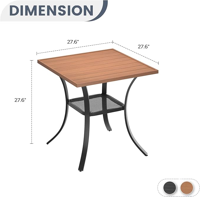 VICLLAX Patio Dining Table, Square Table Metal Outdoor Bistro Table with Rack for Balcony Garden Deck, 28inch Walnut