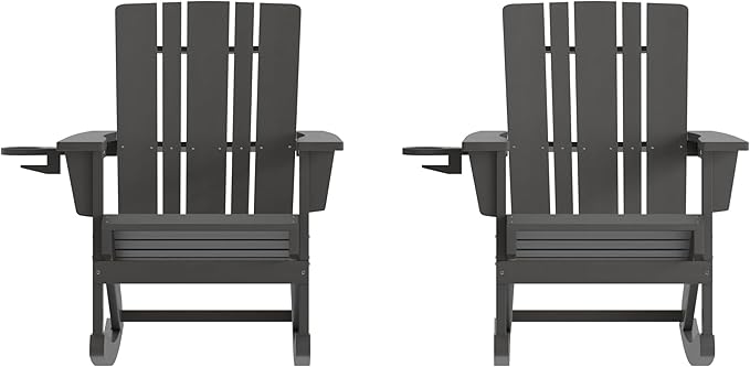 Flash Furniture Halifax Adirondack Rocking Chairs with Cup Holder, Weather Resistant Poly Resin Adirondack Rocking Chairs, Set of 2, Gray