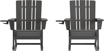 Flash Furniture Halifax Adirondack Rocking Chairs with Cup Holder, Weather Resistant Poly Resin Adirondack Rocking Chairs, Set of 2, Gray