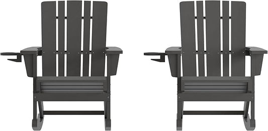 Flash Furniture Halifax Adirondack Rocking Chairs with Cup Holder, Weather Resistant Poly Resin Adirondack Rocking Chairs, Set of 2, Gray