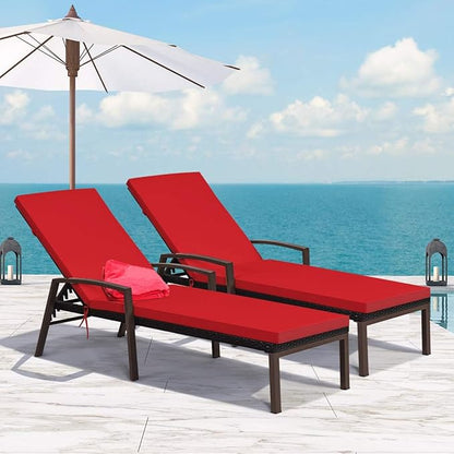 DORTALA Set of 2 Patio Chaise Lounge, Outdoor Wicker Rattan Chaise with Adjustable Backrest and Armrest for Beach Pool Yard, Rattan Sun Lounger with Padded Cushion, Red