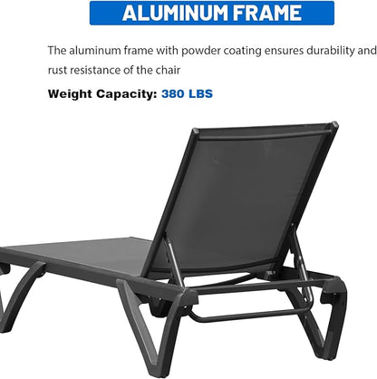 Outdoor Chaise Lounge 3 Pieces Aluminum Patio Lounge Chair with 5 Adjustable Position Recliner Chair Outside Tanning Chairs for Patio, Beach, Yard, Pool, Side Table Included -Dark Grey