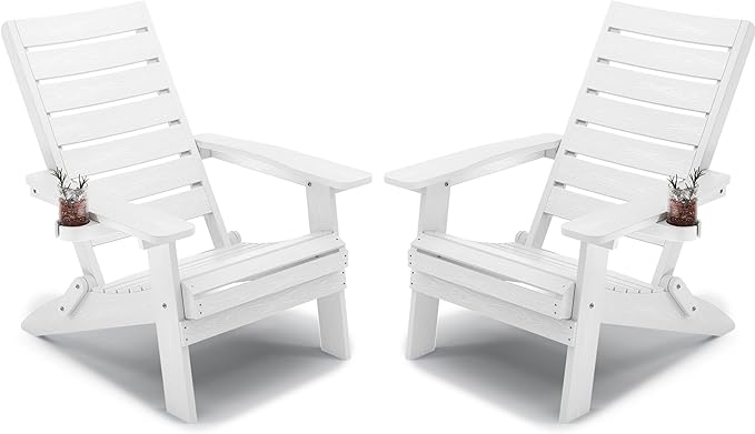 YEFU Adirondack Chair, Folding Adirondack Chairs Set of 2 with Arc Back & Cup Holder, Weather Resistant Plastic Oversized Chair for Outdoor Patio Lawn Garden Backyard Deck Fire Pit, White