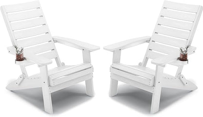 YEFU Adirondack Chair, Folding Adirondack Chairs Set of 2 with Arc Back & Cup Holder, Weather Resistant Plastic Oversized Chair for Outdoor Patio Lawn Garden Backyard Deck Fire Pit, White