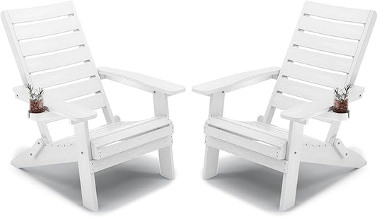 YEFU Adirondack Chair, Folding Adirondack Chairs Set of 2 with Arc Back & Cup Holder, Weather Resistant Plastic Oversized Chair for Outdoor Patio Lawn Garden Backyard Deck Fire Pit, White