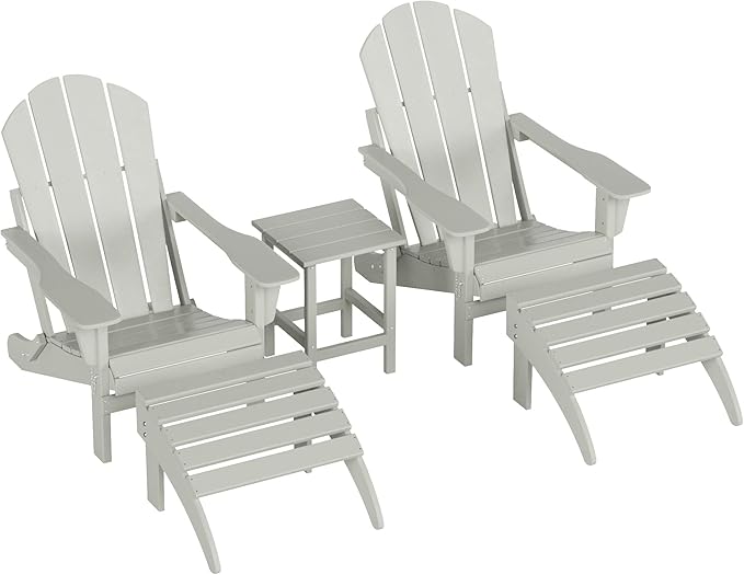 WestinTrends Malibu Outdoor Lounge Chairs Set, 5-Pieces Adirondack Chair Set of 2 with Ottoman and Side Table, All Weather Poly Lumber Patio Lawn Folding Chair for Outside, Sand