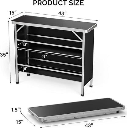 VINGLI 43" Portable Bar Table, 3-Tier Shelves, Carry Bag，Mobile Bar Table for Events, Party, Camping, Picnic, Tradeshow, Outdoor & Indoor with Black Skirt(2, 43") (2) (Black-1P, 43")